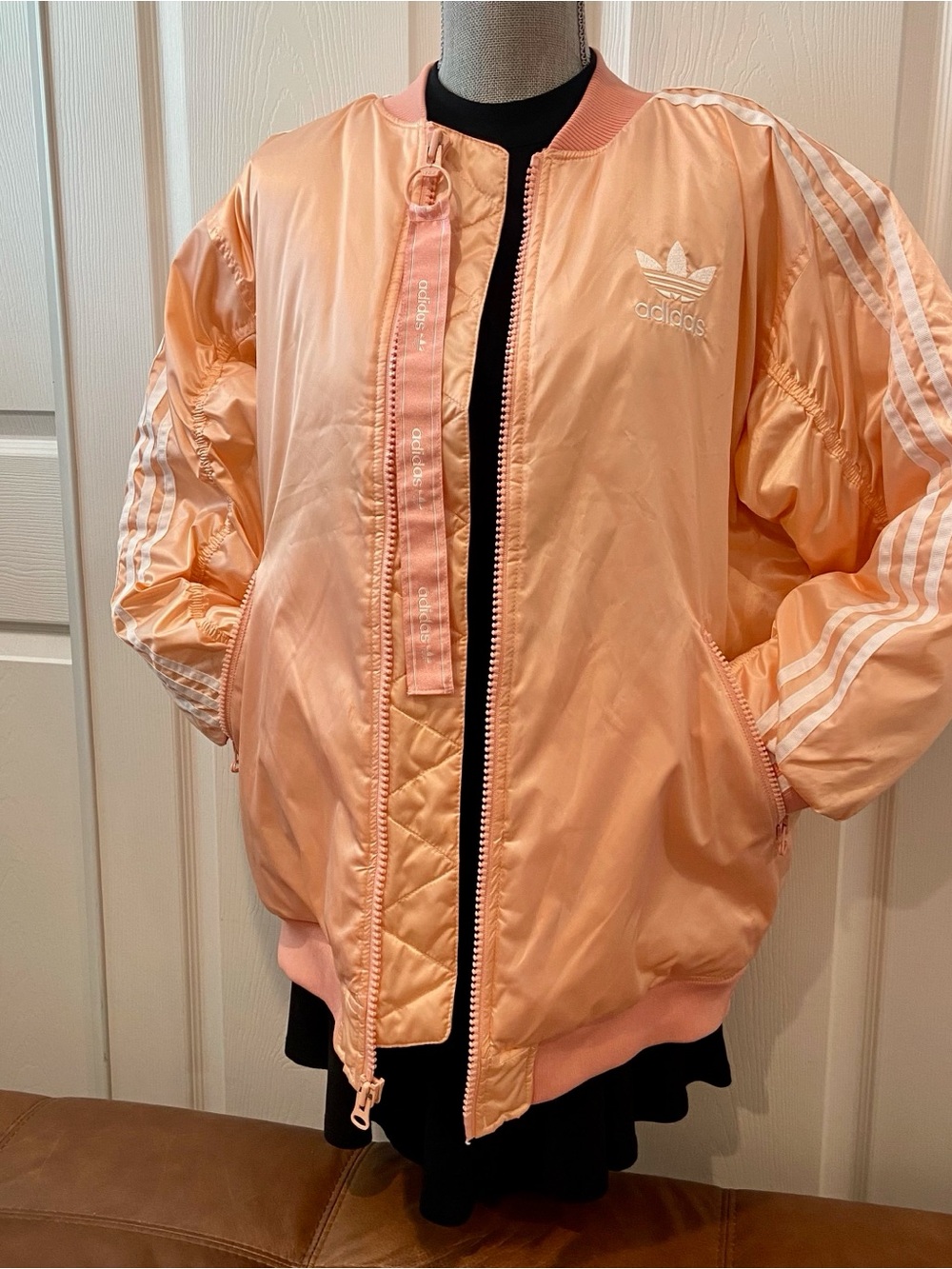 adidas Peach Satin Trefoil oversized Bomber Jacket